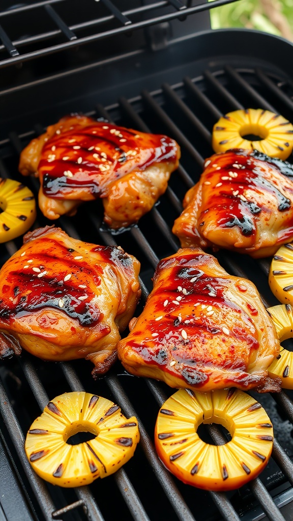 Teriyaki chicken thighs on a grill with pineapple slices