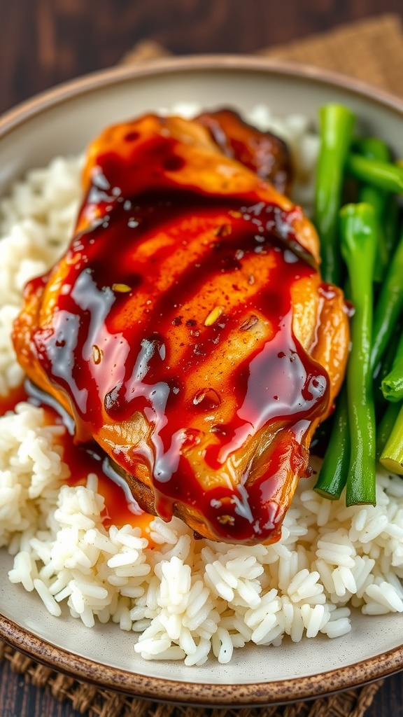 A plate of teriyaki glazed chicken thighs served with rice and green beans.