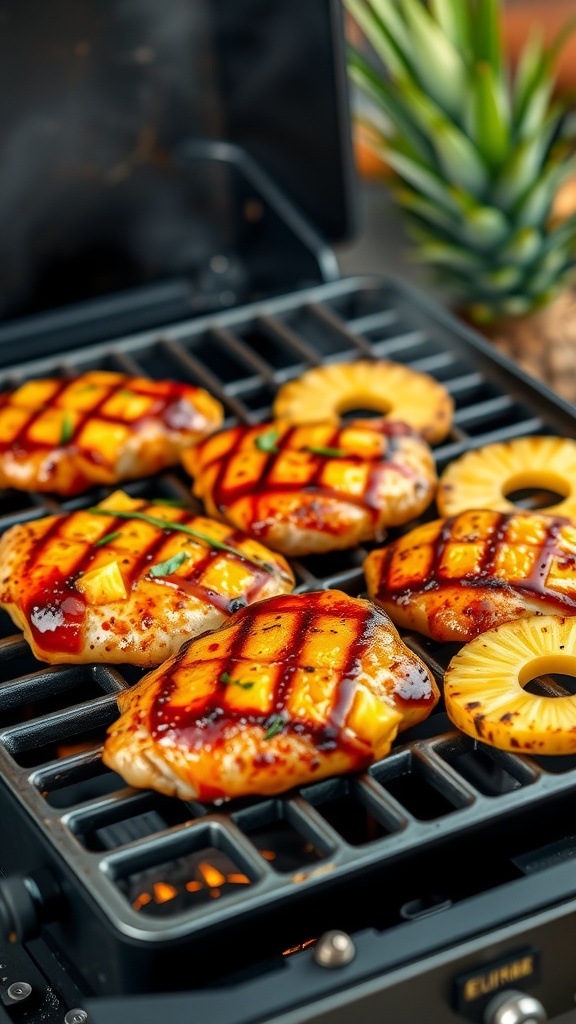 Grilled teriyaki pineapple chicken on a grill