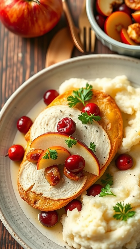 A beautifully plated dish of apple and cranberry stuffed chicken breast with a side of mashed potatoes.