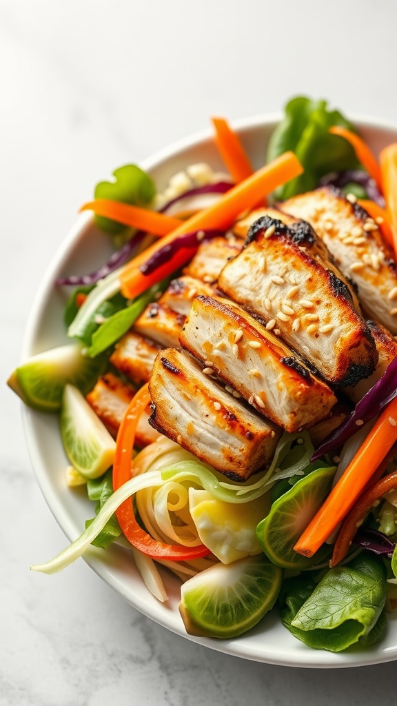 A vibrant Asian sesame grilled chicken salad with colorful vegetables and sliced grilled chicken on top.
