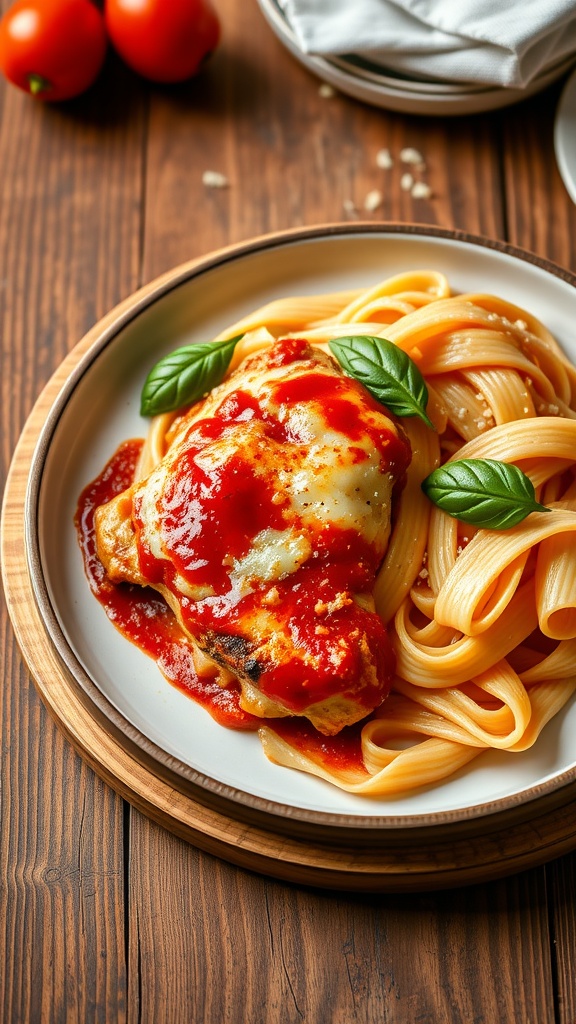 Baked Chicken Parmesan served with spaghetti and marinara sauce.