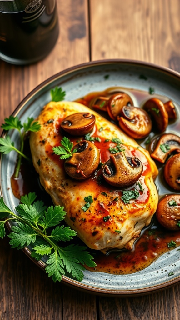 Balsamic chicken with mushrooms served on a plate