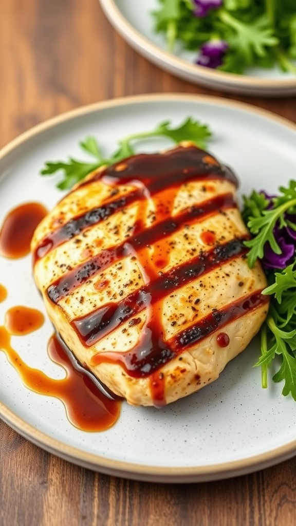 Grilled chicken breast drizzled with balsamic glaze and garnished with greens.