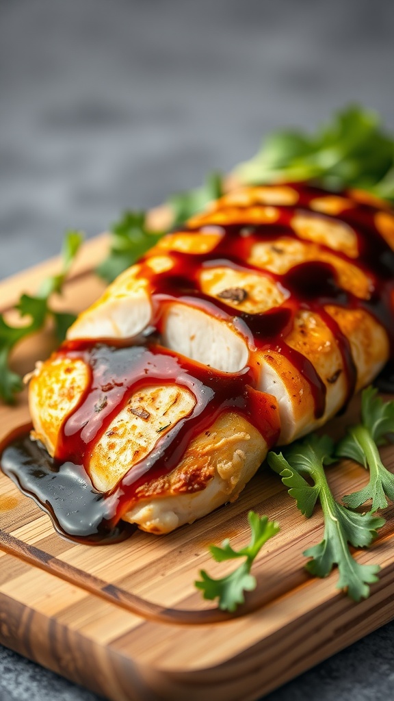 Balsamic glazed chicken breast on a cutting board