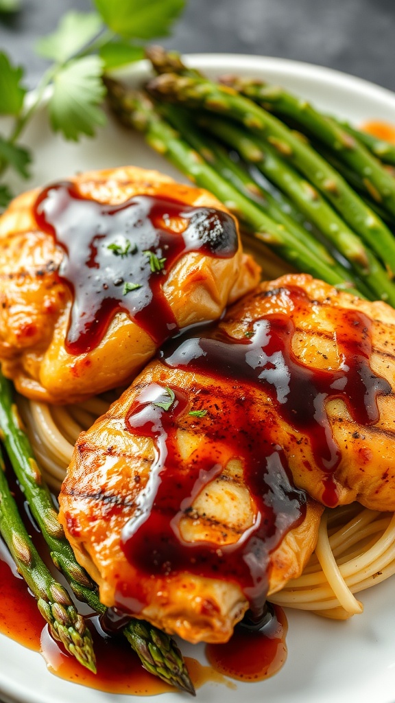 Balsamic glazed chicken thighs served with asparagus.