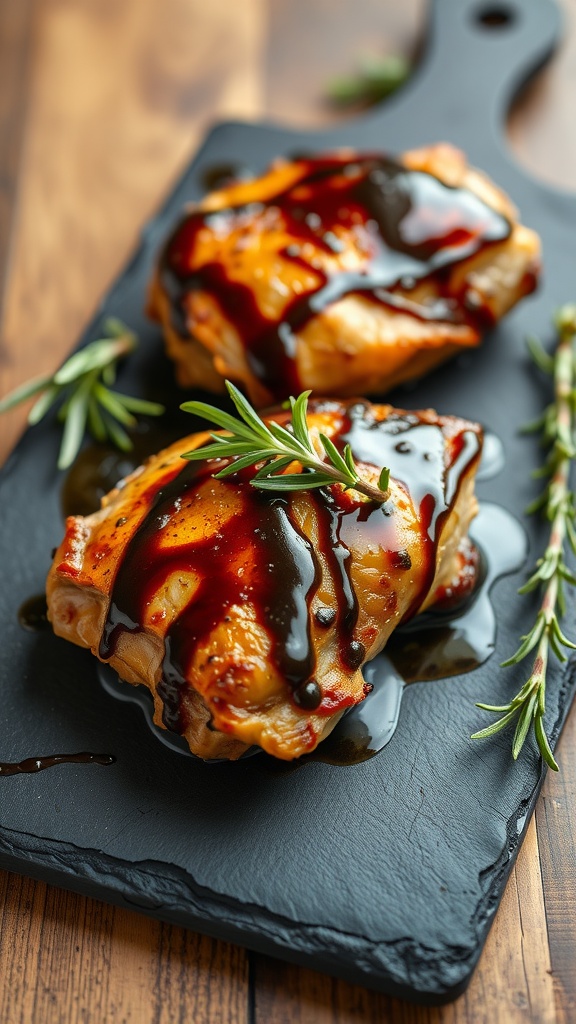 Balsamic glazed chicken thighs with a rich sauce and fresh rosemary garnish