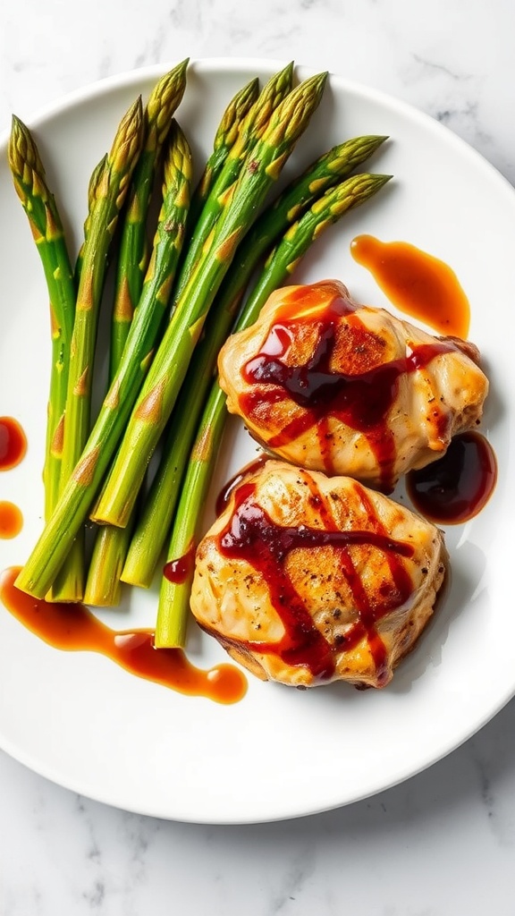 Balsamic glazed chicken thighs served with asparagus