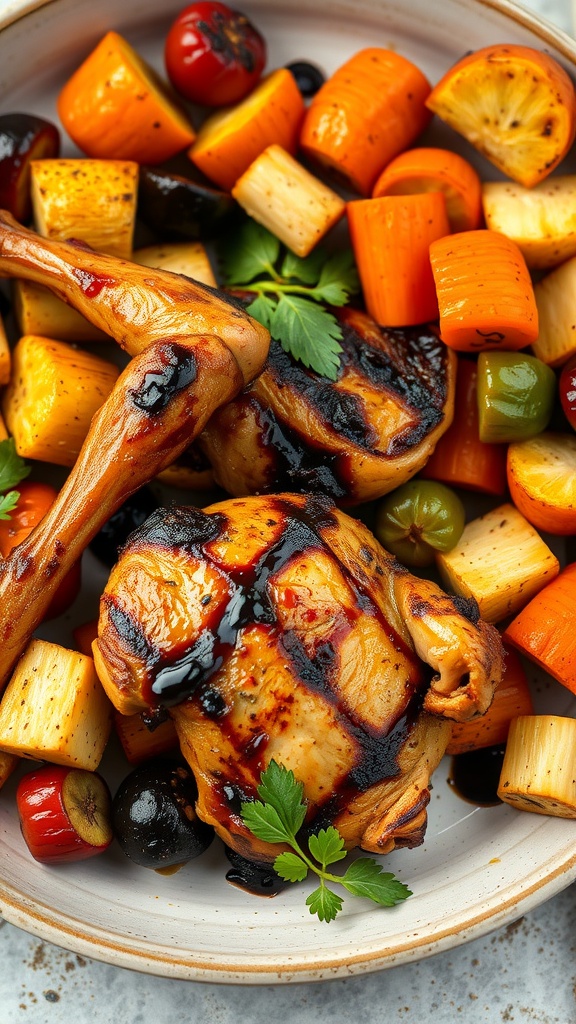 Balsamic Glazed Chicken served with colorful roasted vegetables.