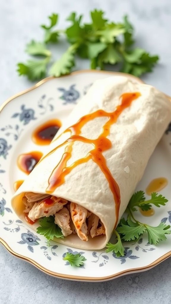 Balsamic glazed chicken wrap on a plate with cilantro