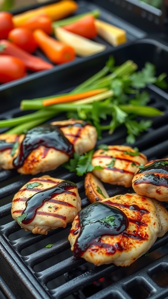 Balsamic glazed grilled chicken on a grill with vibrant vegetables