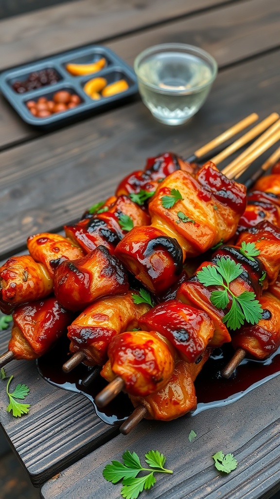 Plate of grilled barbecue chicken skewers with vegetables