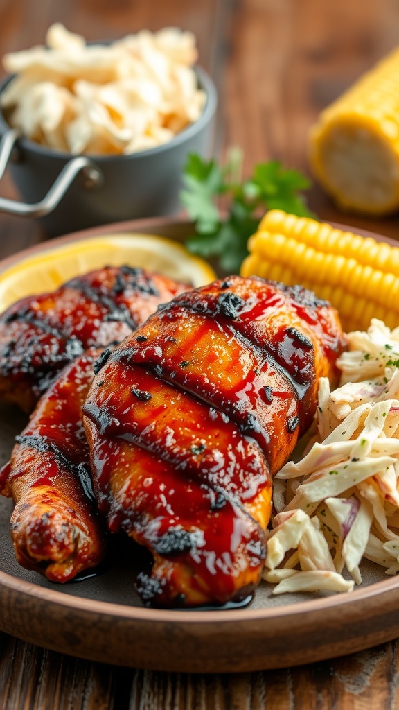 Barbecue Grilled Chicken Strips served with corn and coleslaw.