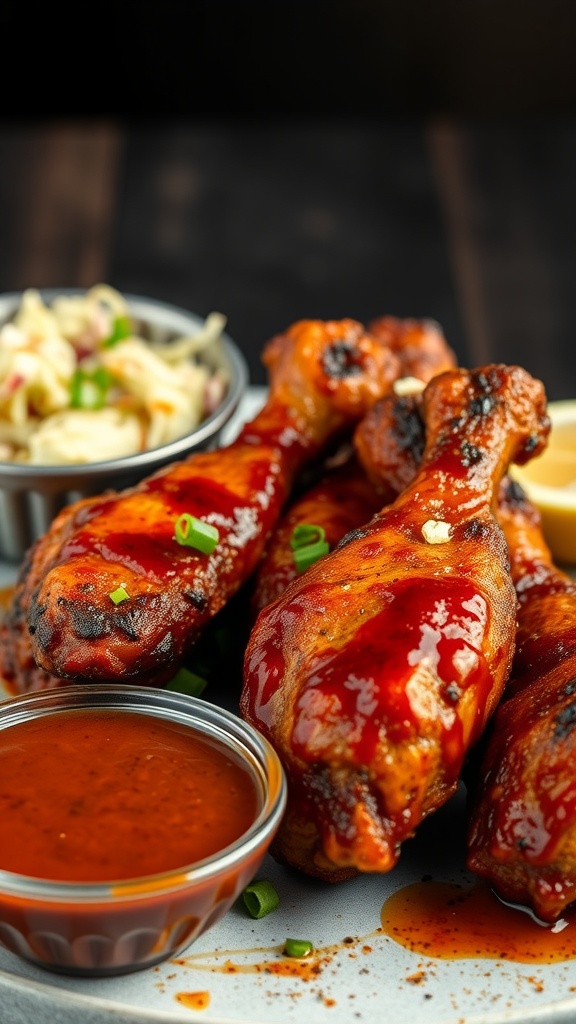 BBQ baked chicken drumsticks served with a side of coleslaw