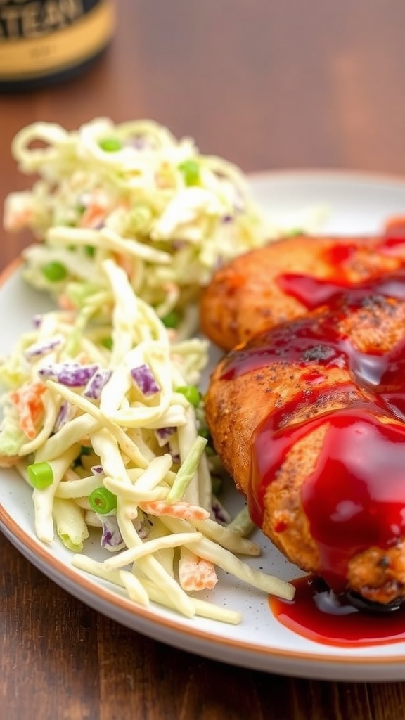 BBQ Bourbon Chicken Thighs with coleslaw on the side
