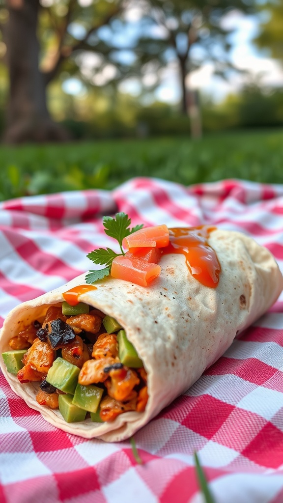 A BBQ Chicken and Avocado Wrap with fresh veggies on a picnic blanket.