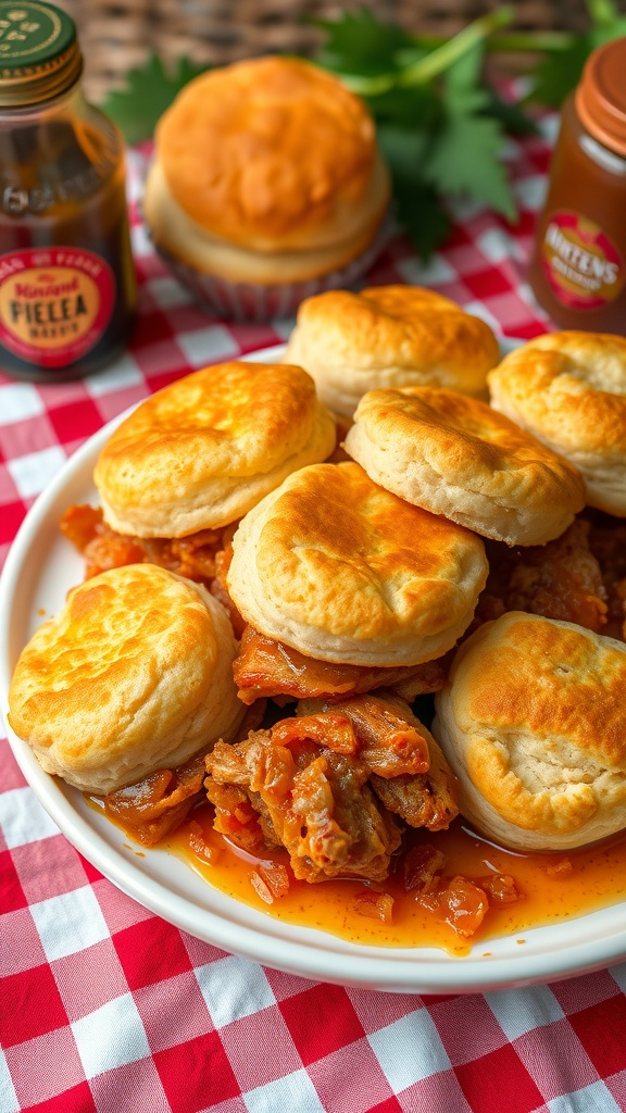 BBQ Chicken and Biscuit Bake served on a plate with biscuits and chicken in BBQ sauce.