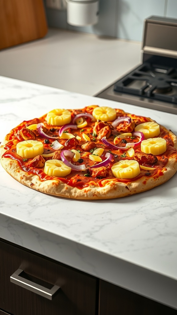 BBQ chicken and pineapple pizza on a marble kitchen countertop.