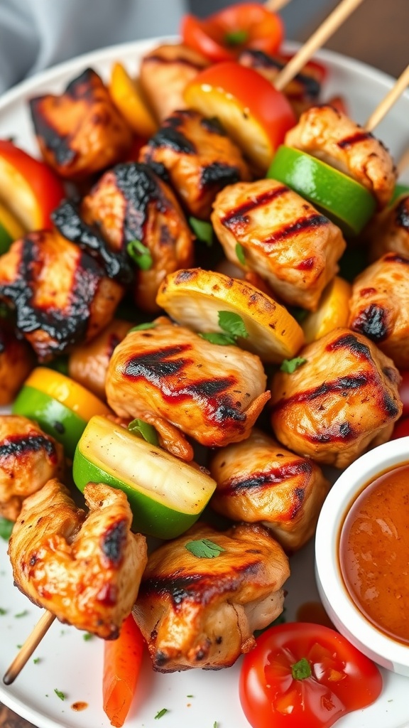 BBQ Chicken and Veggie Skewers with colorful vegetables and grilled chicken