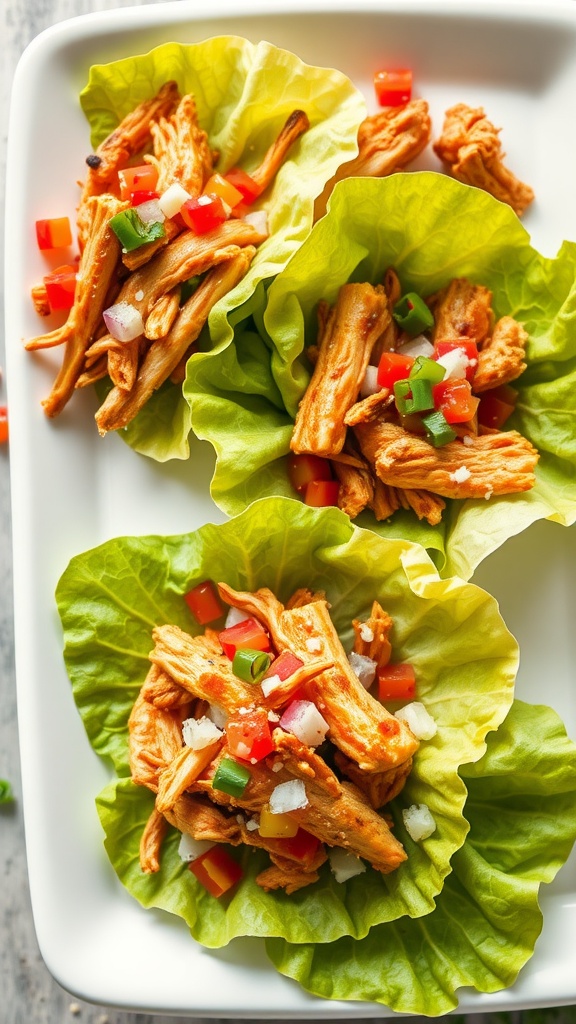 Plate of BBQ chicken lettuce wraps topped with diced vegetables
