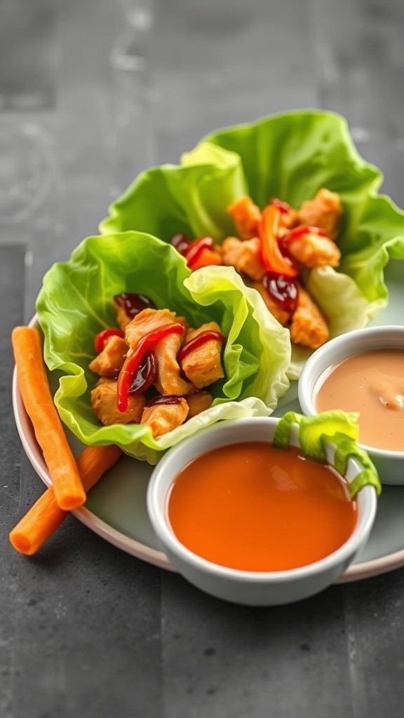 BBQ chicken lettuce wraps with dipping sauces and fresh vegetables