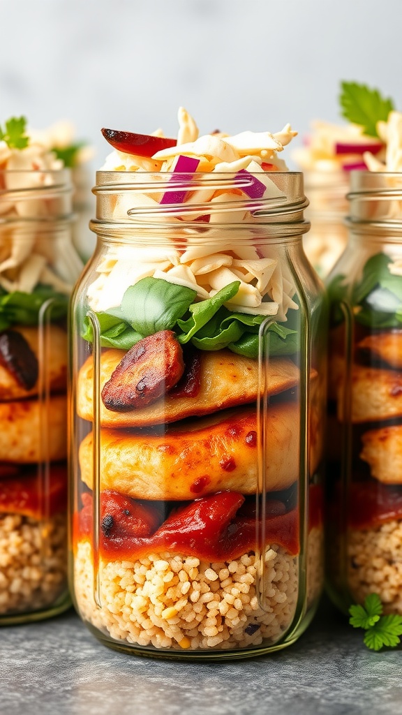 BBQ Chicken Meal Prep Jars with layers of chicken, vegetables, and grains.