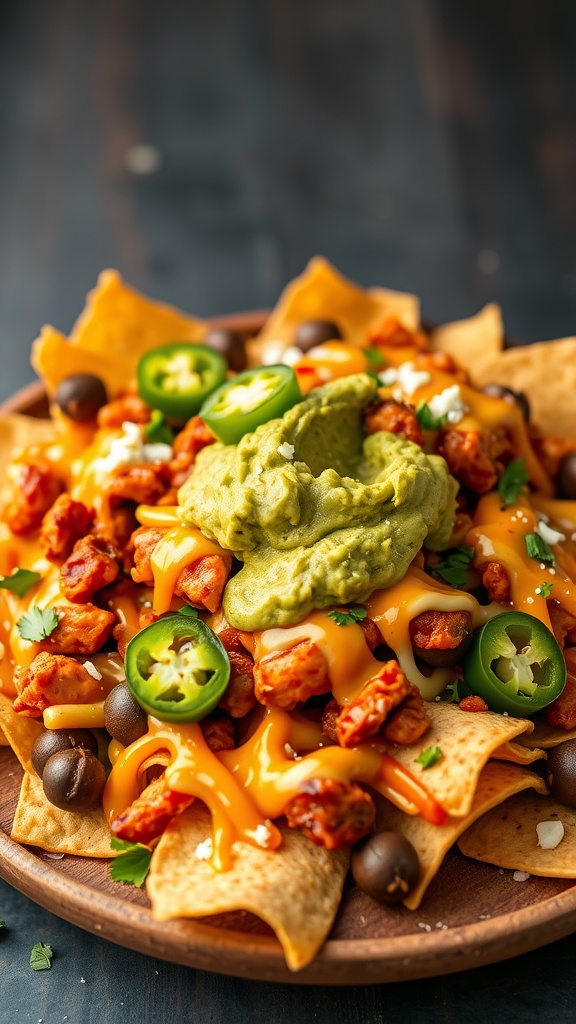 Delicious BBQ Chicken Nachos topped with cheese and jalapeños.