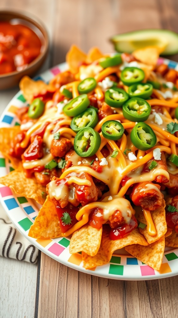 A plate of BBQ chicken nachos topped with jalapeños and cheese.
