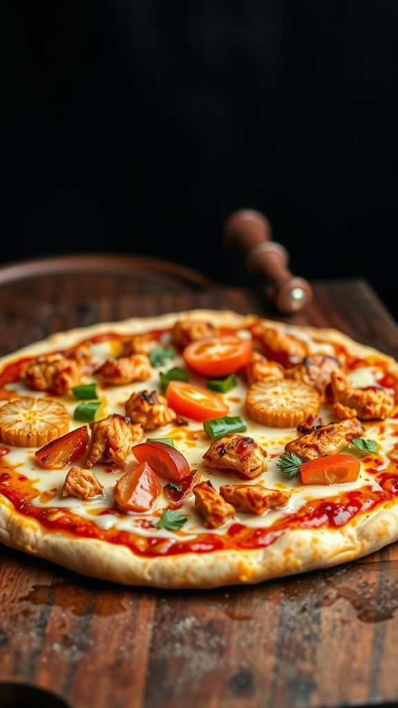 BBQ chicken pizza with grilled chicken, cheese, and fresh vegetables