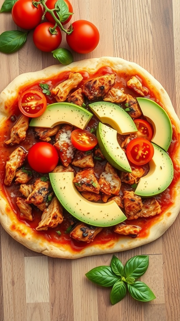 BBQ chicken pizza topped with avocado slices and cherry tomatoes on a wooden surface.