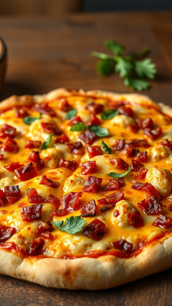 BBQ Chicken Pizza topped with bacon and cheddar cheese, served on a wooden table.