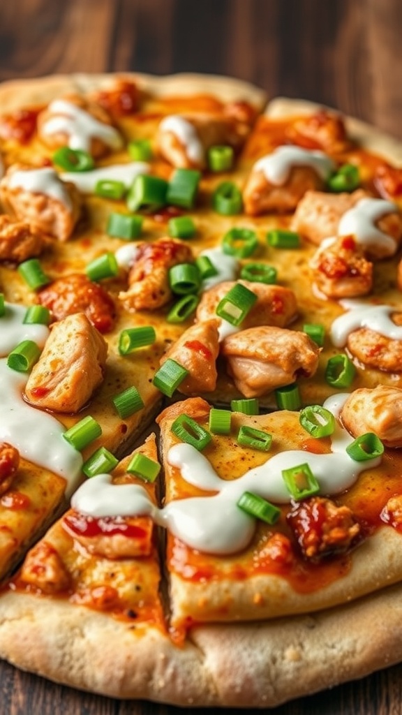 BBQ chicken pizza with creamy ranch sauce and green onions