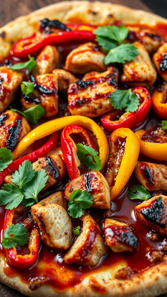 BBQ chicken pizza topped with grilled peppers and fresh herbs