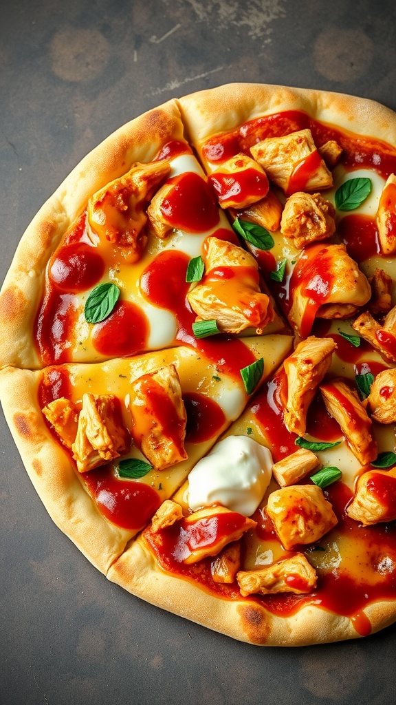 BBQ Chicken Pizza with gooey mozzarella and gouda cheese