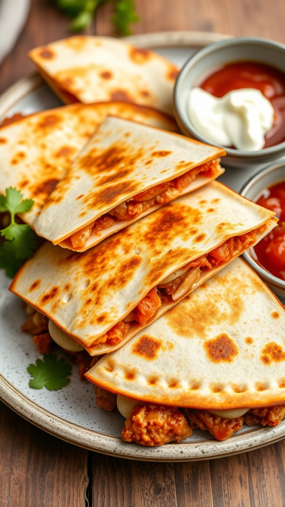 BBQ Chicken Quesadillas served with salsa and sour cream