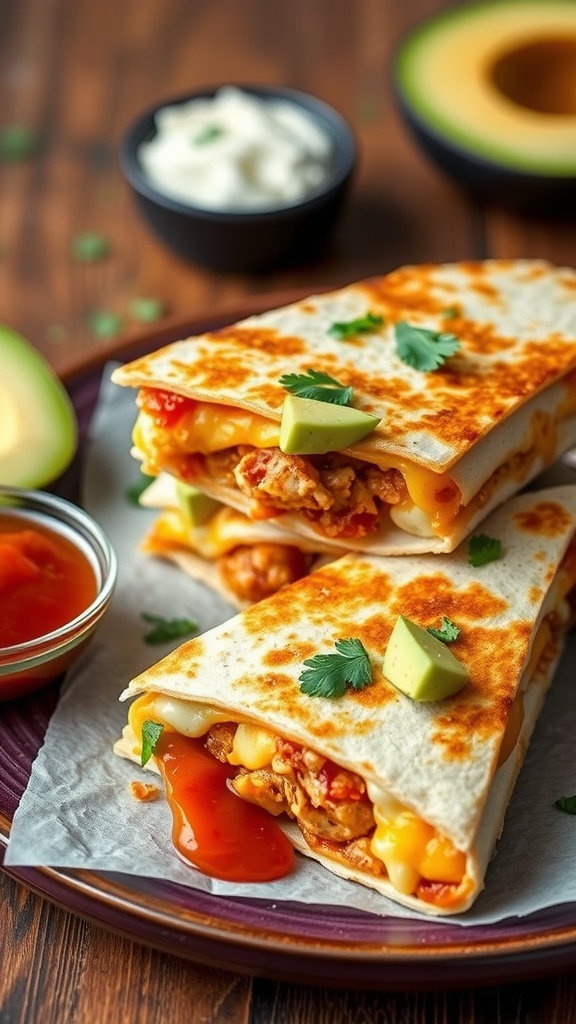 Delicious BBQ Chicken Quesadillas with Avocado on a plate