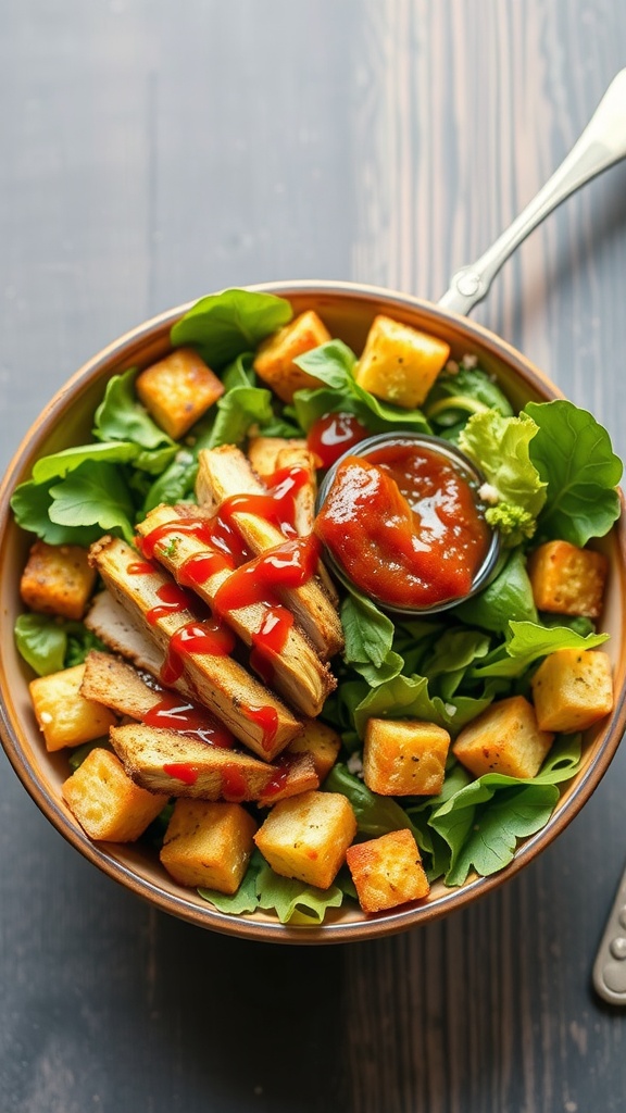 A delicious BBQ chicken salad topped with cornbread croutons, served in a bowl.