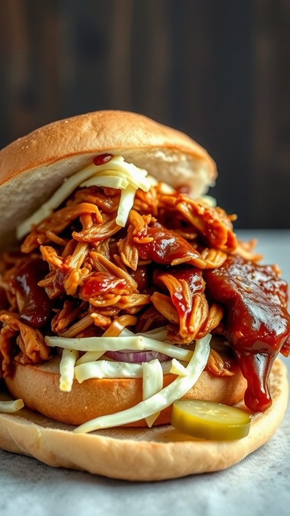 BBQ chicken sandwich overflowing with pulled chicken and slaw.
