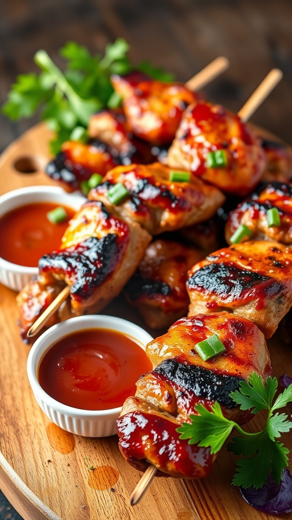 BBQ chicken skewers served with dipping sauce