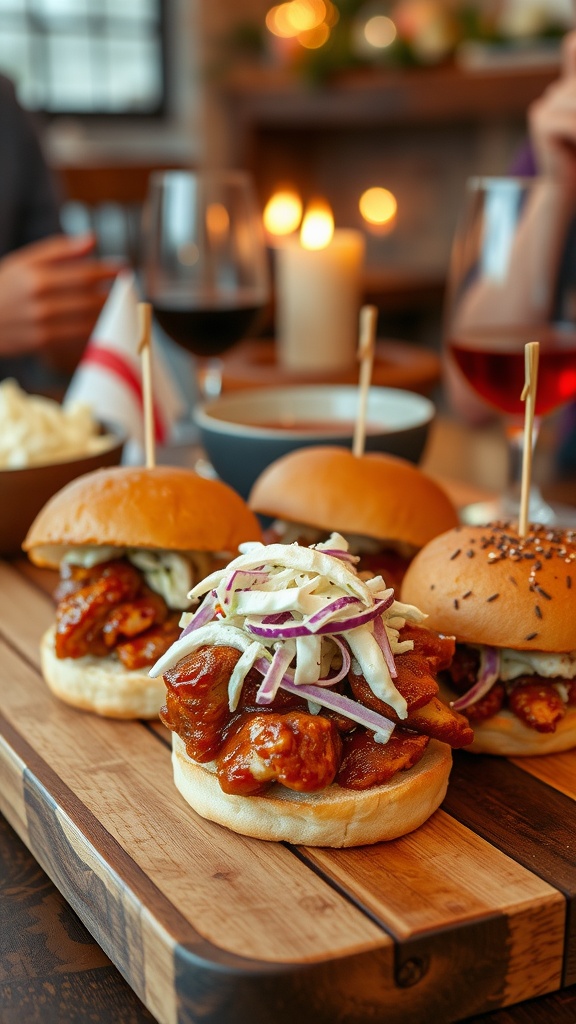 BBQ chicken sliders on a wooden platter with coleslaw.