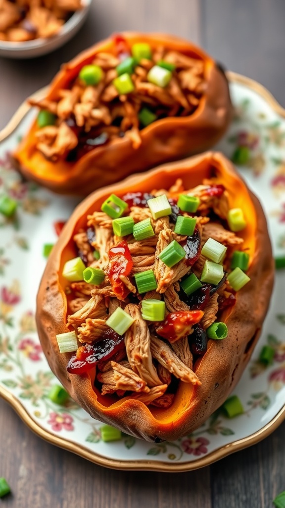 BBQ Chicken Stuffed Sweet Potatoes served on a floral plate