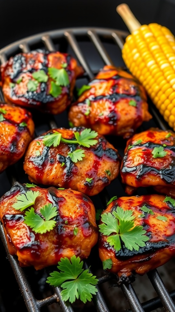 Delicious BBQ chicken thighs garnished with cilantro on a grill.