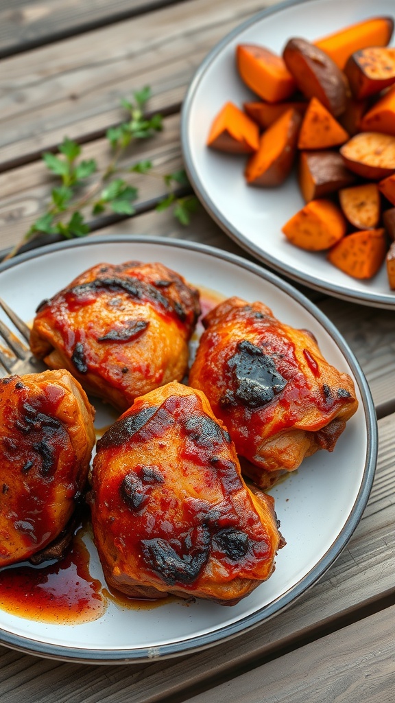 BBQ chicken thighs with roasted sweet potatoes on a plate.