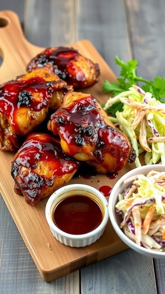 BBQ glazed chicken thighs served with coleslaw and barbecue sauce.