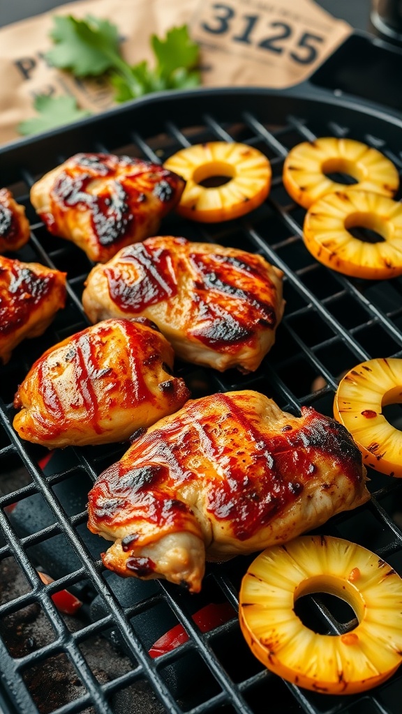 Grilled BBQ Pineapple Chicken with pineapple slices on the grill