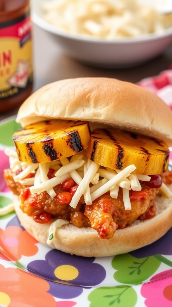 BBQ Pineapple Chicken Sandwich with grilled chicken, pineapple slices, and coleslaw on a bun