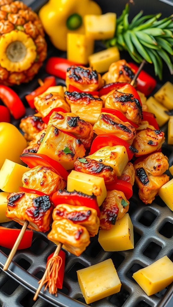 BBQ Pineapple Chicken Skewers with colorful vegetables and grilled chicken.