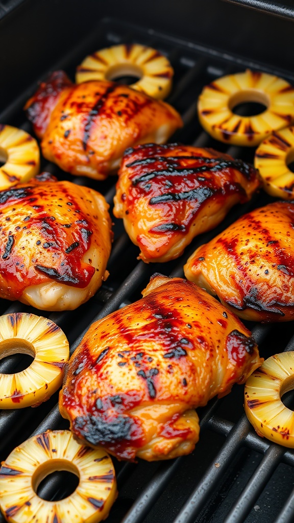 Grilled BBQ Pineapple Chicken Thighs on a grill