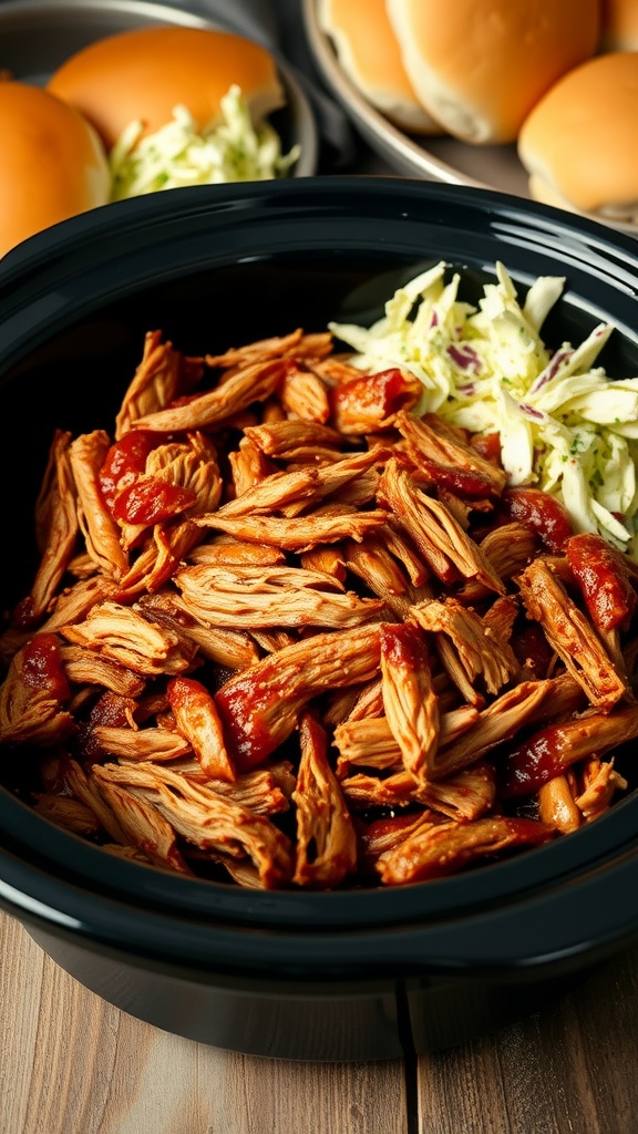 A bowl of BBQ pulled chicken served with burger buns and coleslaw