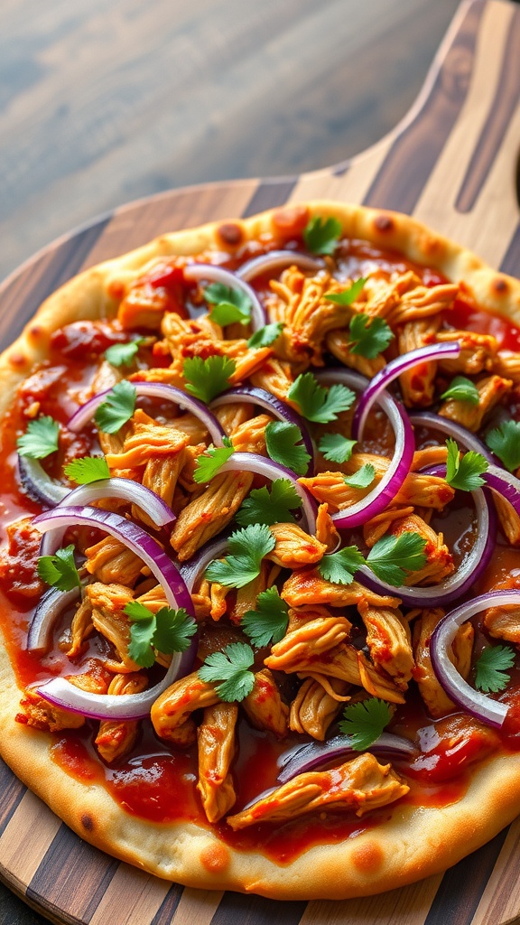 BBQ Pulled Chicken Pizza topped with cilantro and red onions